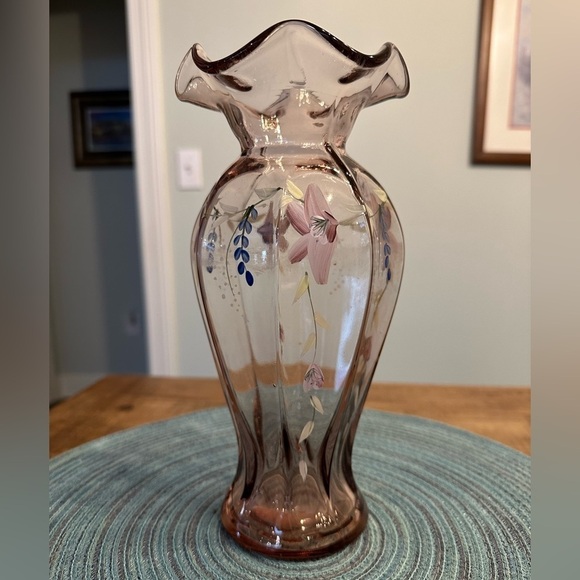 Vintage Hand Painted Delicate Floral Design Ruffled Edge Amethyst Glass Vase - Picture 1 of 12